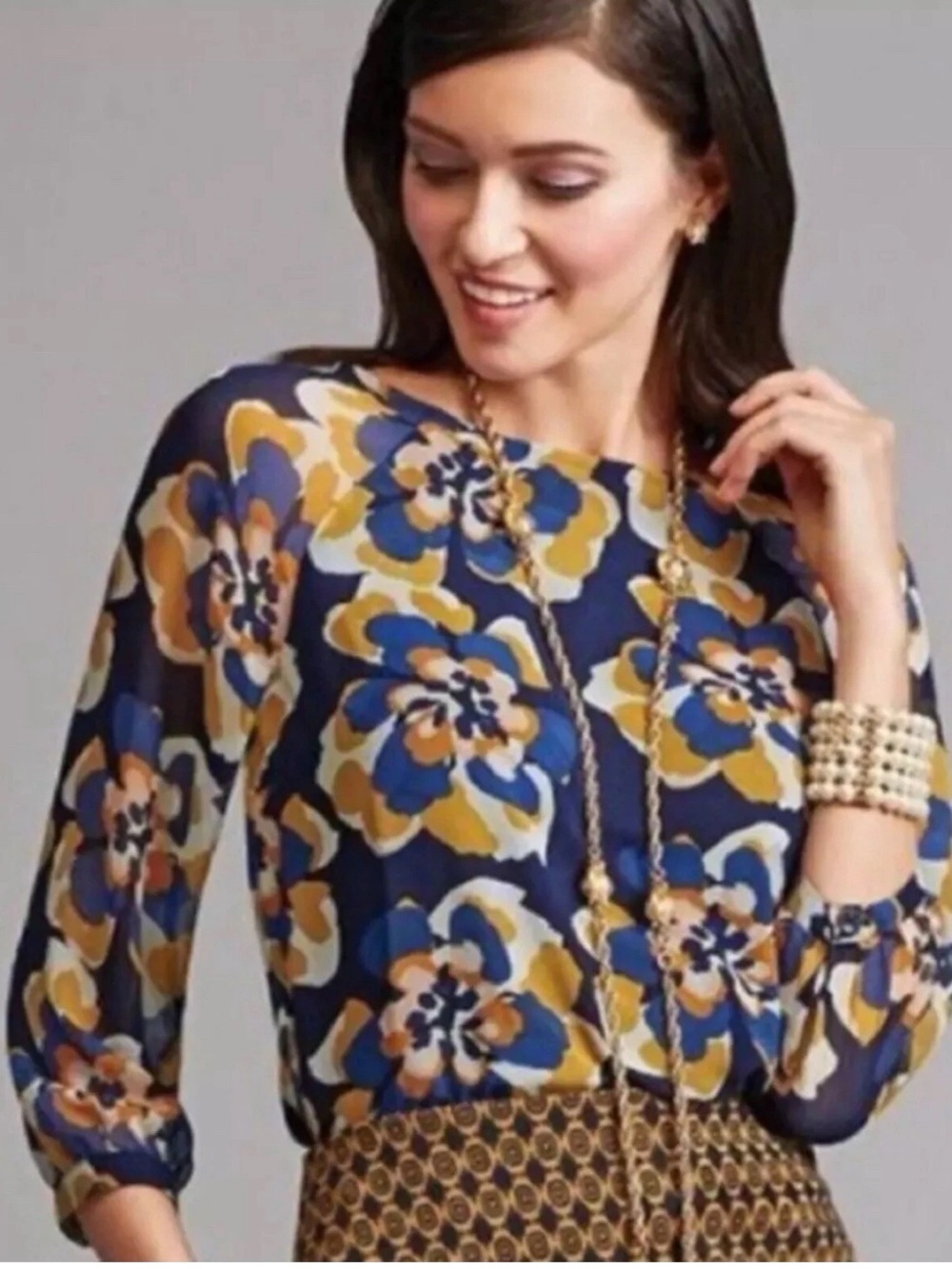 Cabi Lydia Sheer Chiffon 3/4 Sleeve Blouse Top Medium Blue Yellow Floral Office